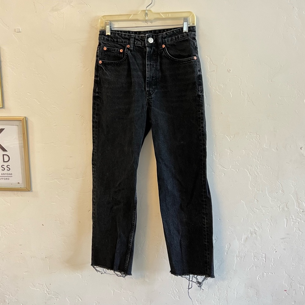 Zara Black Button Fly High Waisted Raw Hem Jeans Size 6